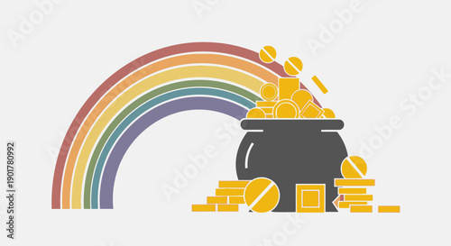A pot of gold at the end of a rainbow, symbolizing luck and prosperity, with coins spilling out