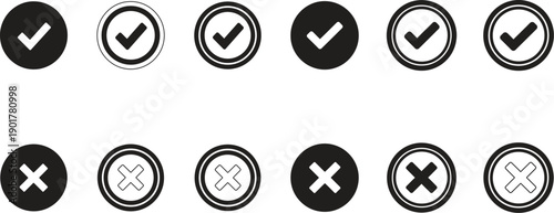 Checkmarks and X marks icons in various black and white styles