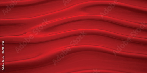 Red silk and satin fabric background featuring soft flowing waves of smooth luxury textile material with elegant shiny curves in a vibrant red color vector illustration design backdrop