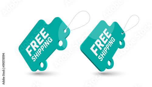 Green free shipping promotional banner or tag label or sign in two perspective views on a white background, ideal for e-commerce and delivery advertising design, vector 3d for design