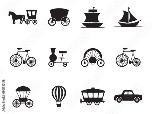 Compilation of vintage and modern transportation vehicles as black icons, featuring horse carriage, wagon, sailing ships, steam train, bicycle, and car for historical and travel themes.