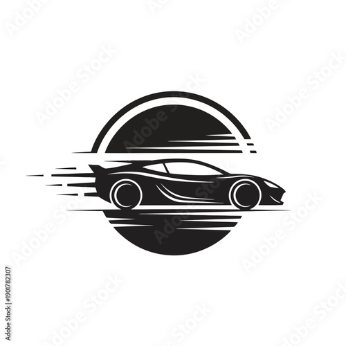 Sleek black car silhouette integrated with a striped circular background. Modern minimalist automotive art representing speed, sunset driving, and high-end vehicle performance.