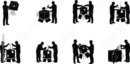 Silhouette of workers assembling and repairing large equipment assembly