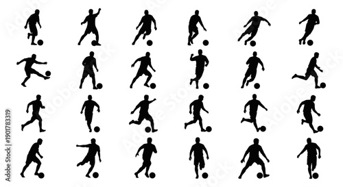 Dynamic collection of soccer player silhouettes in various action poses, capturing the essence of the sport and athletic movement