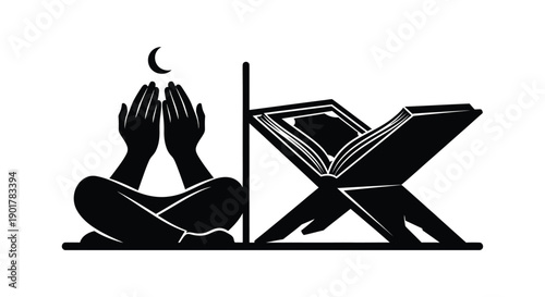 Family Prayer Silhouette with Quran Stand
