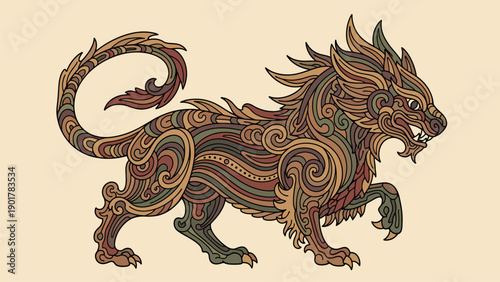 Ornate Mythical Dragon Creature Illustration with Intricate Swirl Patterns