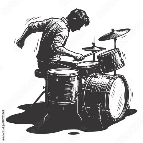 Vector illustration of a male drummer playing a drum kit in black and white, hand-drawn sketch style, isolated on white