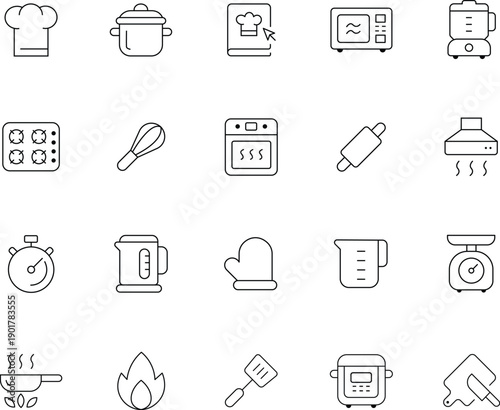 Kitchen Utensils and Cooking Equipment Line Icon Set - Culinary Tools, Appliances, and Chef Accessories Vector