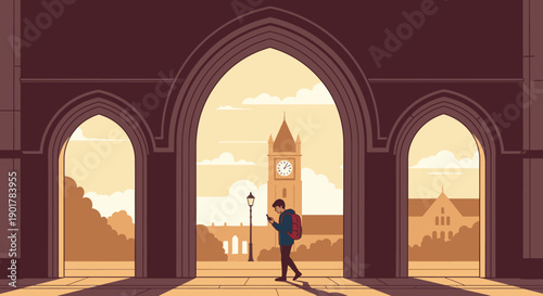 A student walks through a grand university archway, engrossed in their smartphone, with a classic clock tower visible in the distance.
