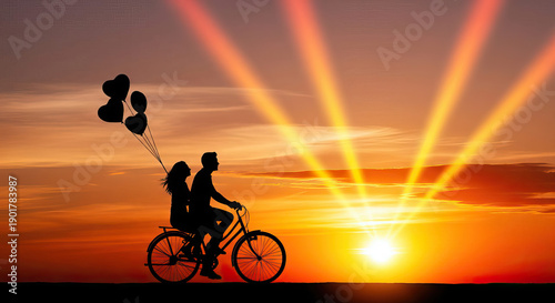 A loving couple rides a tandem bicycle at a beautiful sunset with bright sun rays in the sky holding heart balloons expressing romance and togethernes