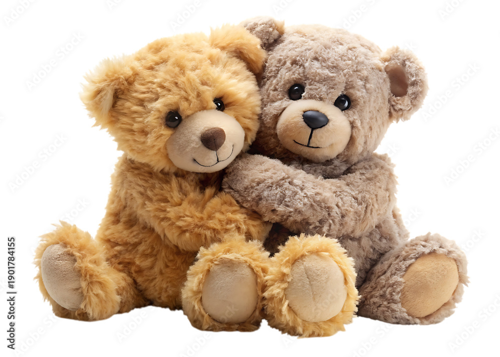 Obraz premium Two teddy bears hugging each other on black background