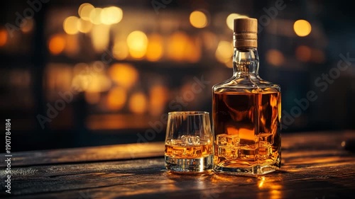 Luxury whiskey bottle and glass with ice