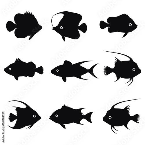Diverse collection of black silhouette icons representing various species of marine fish, perfect for oceanographic and aquatic design projects