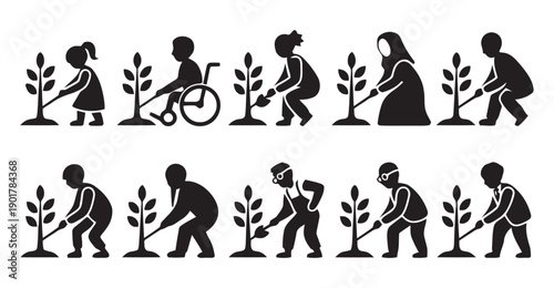 Diverse group of people planting trees, symbolizing community, environmentalism, and inclusivity with individuals of different ages and abilities