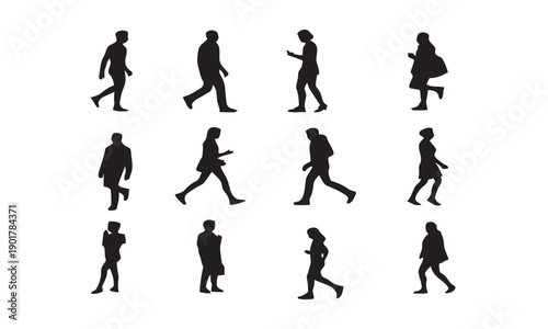 Diverse group of people silhouetted against white background, captured from side profile, diverse group of people walking in motion, collection of human 