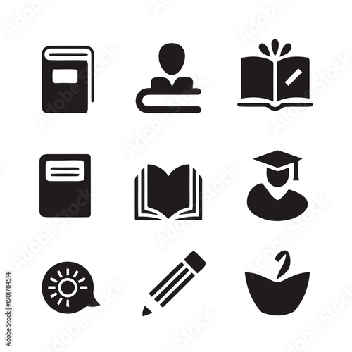 Educational icons in black silhouette style including books, student, graduation cap, pencil and sun chat bubble on white background for learning concepts