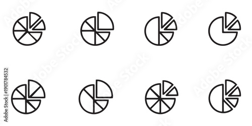 Eight circular pie chart icons with varying segments and divisions, representing data, statistics, and analytics in a simple line art style.