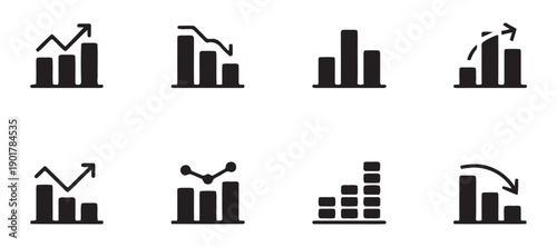 Eight modern business chart icons showing different graph trends, upward and downward financial data