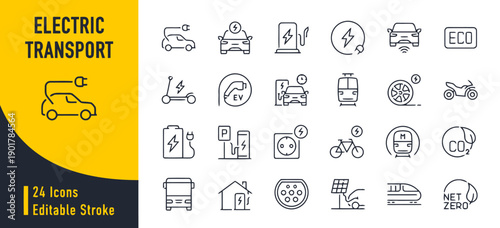 Electric transport icons collection editable stroke, featuring electric cars, scooters, bikes, buses, trains, charging stations, and eco friendly mobility solutions for sustainable future