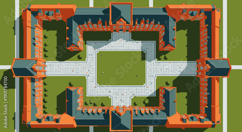 A striking aerial view captures a symmetrical architectural complex with vibrant orange roofs and a central green courtyard, highlighting modern urban planning.