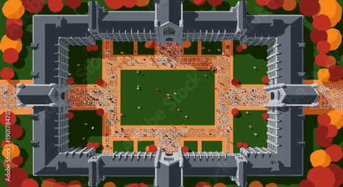 An aerial view showcases a grand architectural complex with a vibrant central courtyard filled with tiny people, surrounded by colorful autumn trees.