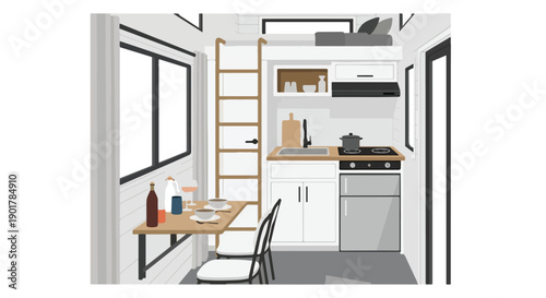 Illustration of a compact kitchen interior with a dining table, ladder, and minimalistic design in a small, modern space.