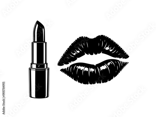 A bold monochromatic vector graphic captures the essence of glamour with a gleaming lipstick tube standing next to a pair of voluptuous, high-shine lips rendered in stark black and white contrasts