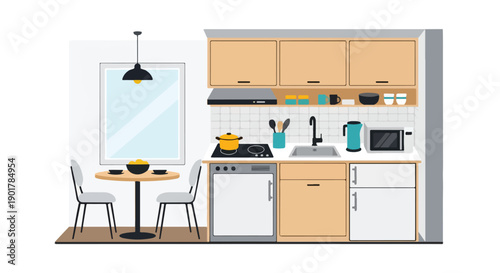 Vector illustration of a modern kitchen interior with a dining table and chairs, featuring wooden cabinets, white appliances, and a window with a city view, conveying a clean and minimalist