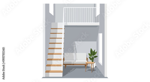 Minimalist interior design of a modern loft with a staircase, couch, and plant in a neutral color palette.