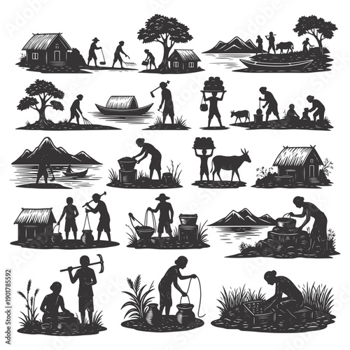 Asian Village Life Vector Silhouettes Set: Farmers, Fishermen, Rural Workers, Huts, Boats, Mountains, Trees, isolated on white