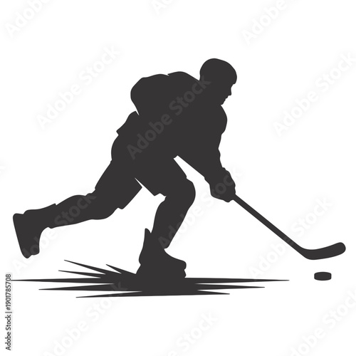 Ice hockey player silhouette vector with puck and stick, black graphic sports icon isolated on white