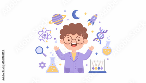 Cartoon Scientist with Lab Equipment and Space Elements.