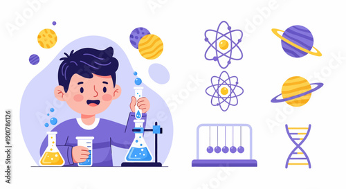 Cartoon Scientist with Laboratory Equipment and Symbols.