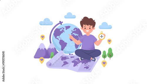 Man holding globe and compass illustration.