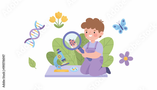 Child Examining Insect with Magnifying Glass.