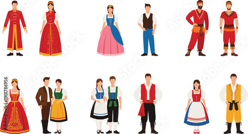 People in Traditional National Costumes Set with Men and Women Wearing Cultural Clothing from Different Countries Flat Vector Illustration