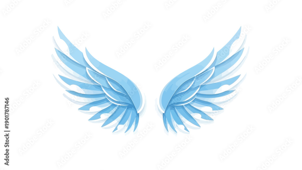Fototapeta premium A pair of light blue angel wings on a white background, with a minimalist and symbolic composition.