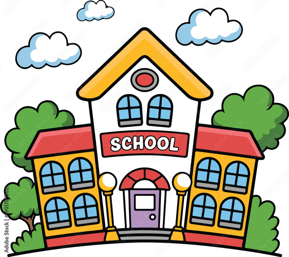 Fototapeta premium Colorful Cartoon School Building with Trees and Clouds