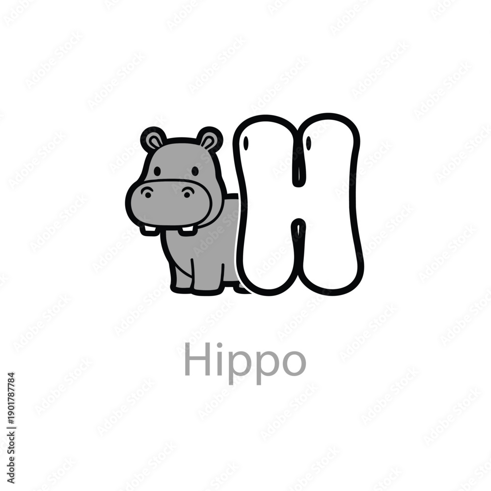 Obraz premium Letter H Animal Alphabet Kids with Shy Hippo
