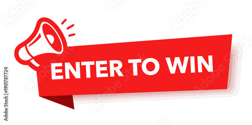 Enter to win megaphone announcement banner red ribbon shape with shadow and white text, graphic design element for promotion and advertising campaign, call to action graphic