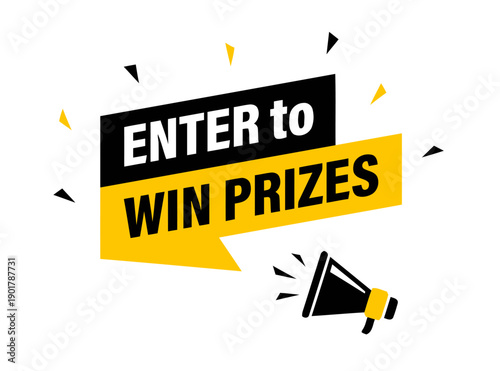 Enter to win prizes banner with megaphone and speech bubble, flat design for contest, giveaway, and reward promotion
