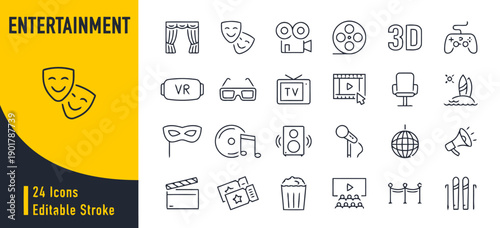 Entertainment vector icons set, editable stroke, theater masks cinema camera popcorn icons