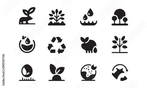 Environmental and nature conservation symbols including animals plants water and recycling icons ecological awareness vector graphic set