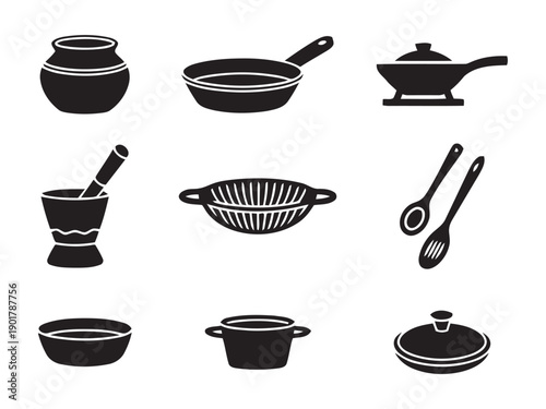 Essential kitchenware and cooking utensils collection, including pots, pans, bowls, colanders, mortar and pestle, and serving spoons, styled as simple icons for culinary use, vector graphics
