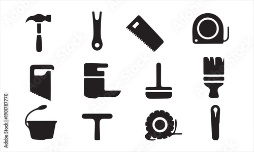 Essential toolkit of construction and DIY icons, featuring hammers, saws, tape measures, paint brushes, buckets, and other handy tools for building and repair work.
