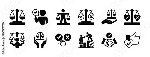 Ethics and integrity solid icons collection showing justice scales moral choice decision making honesty values social responsibility law fairness professional conduct equality balance cooperation set