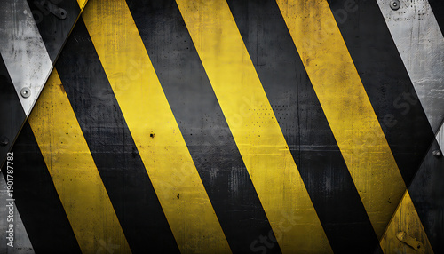 黒と黄色の警告ストライプが印象的なインダストリアル金属背景。Industrial Metal Background with Black and Yellow Warning Stripes.