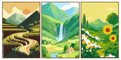 Set of 3 boho mountain landscapes with pine trees and sun in earthy tones