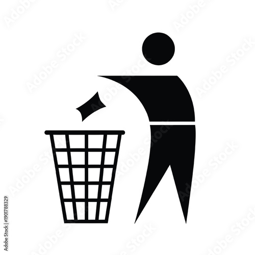 Trash bin icon with person throwing garbage into wastebasket, minimal black pictogram sign for litter disposal, recycling awareness, cleanliness and public hygiene