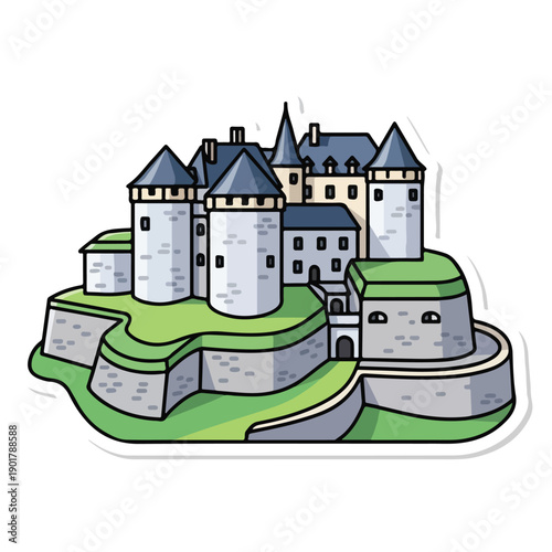 A cartoon castle on a green hill